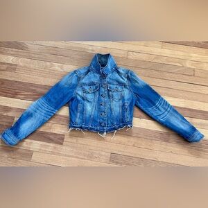 Express cropped denim jacket - Raw hemmed blue distressed Women's size S/P F13